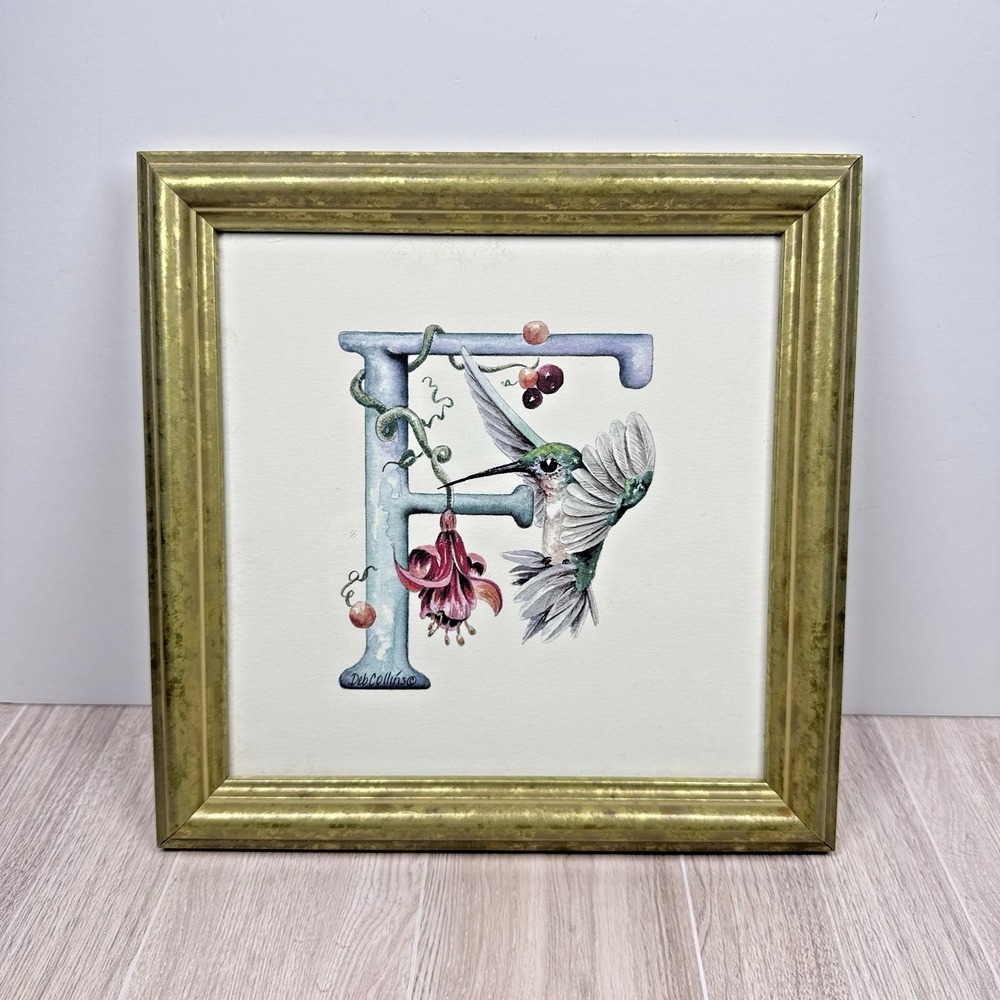 Vintage Hummingbird Floral Art Framed Wall Decor Signed Back 9.5in